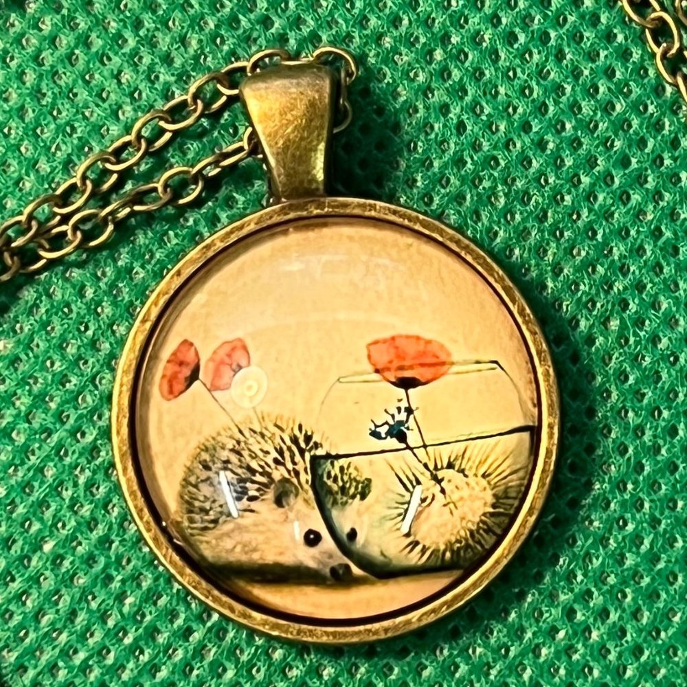 Hedgehogs with Bowl of Poppies Bronze Tone Pendant Necklace